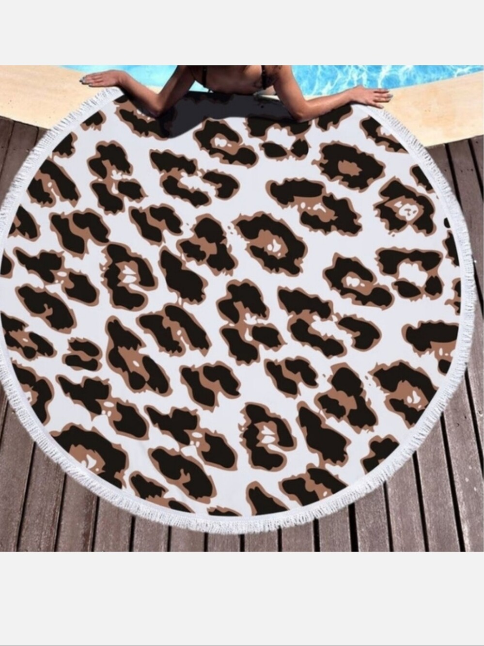 Large 5ft Round Leopard Print Terry Beach Towel Blanket with Fringe Trim